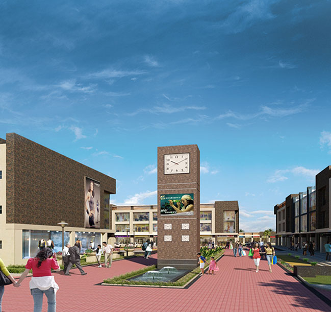 Omaxe International Trade Tower retail plaza rendering with central clock tower, landscaped walkways, and retail facade in New Chandigarh.